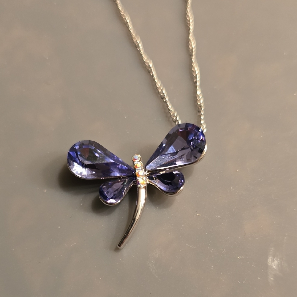 Elegant Silver and Purple Dragonfly Necklace